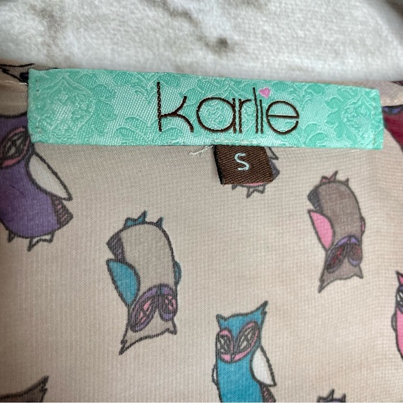 Karlie Owl Print Sheer Blouse Women’s S Pink Long Sleeve V-Neck Flutter Shoulder - Picture 7 of 8